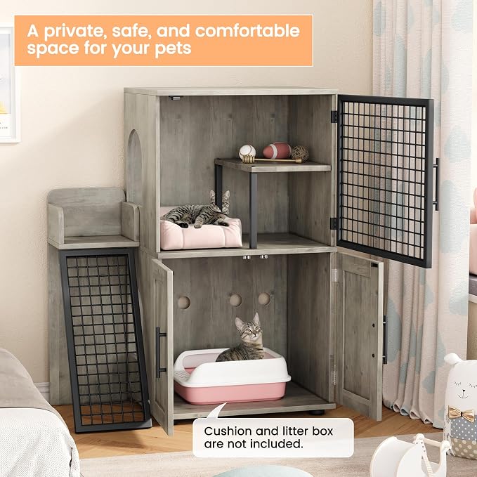 IDEALHOUSE Cat Litter Box Enclosure with Double Layer, Grey | Double Layer Cat Litter Box Furniture with Ladder, Creates a Private Cat Space While Keeping Living Rooms Clean and Organized - Image 2