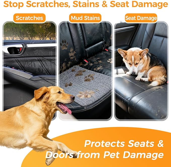 Mancro Hard Bottom Car Seat Cover for Dogs, Durable Back Seat Extender with Washable Pad, Waterproof Scratch-Resistant Car Hammock Seat Protector for Dogs, Supports 400 lbs, Fits Cars, SUVs & Trucks