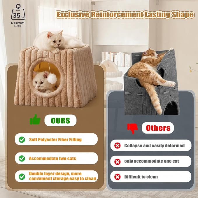 Dogpals Indoor Cat House - Large Cat Cave Bed with Fluffy Balls, Foldable Cat Bed Cave and Apartment with Pads, Suitable for Multiple Small and Large Cats, 18.5x15.4x15.4inches (Khaki, XL) - Image 2