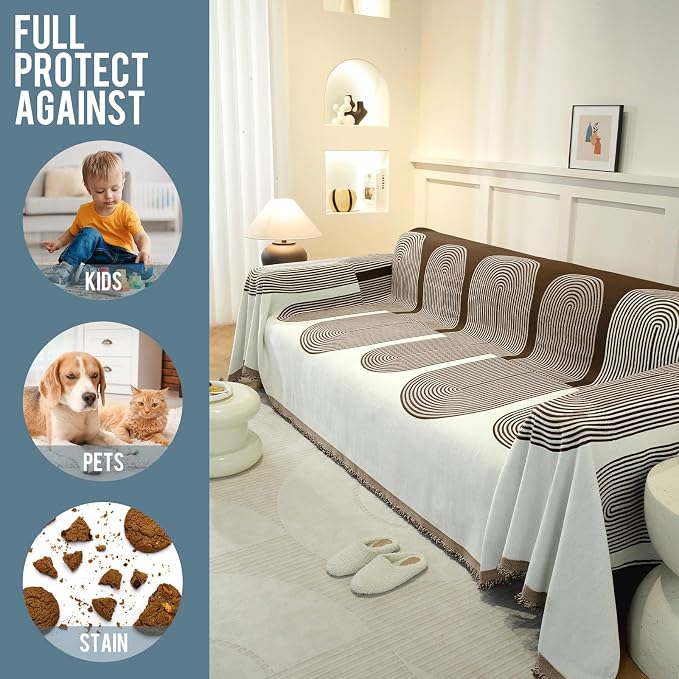 Couch Cover for Sofa, Boho Sofa Cover Washable Couch Cover for Dogs, Pet Sofa Cover for 3-Cushion Couches with Tassel Furniture Protector Cover,71" x 134",Dark Coffee-Half-Round - Image 4