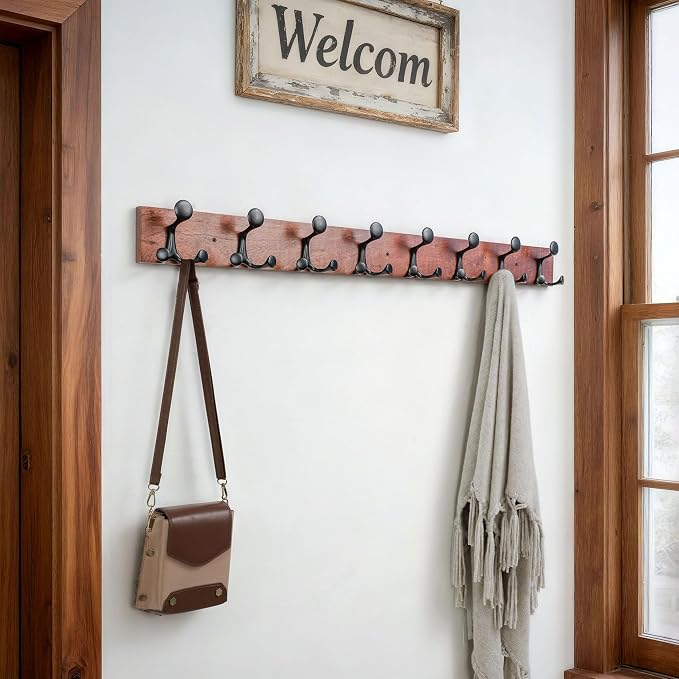 SKOLOO 43-Inch Wood Coat Rack Wall Mount with 8 Triple Hooks - Ideal for Family Entrances, Classrooms, and Pet Supplies Storage - Perfect Coat Hooks for Wall,Mahogany (Sapele), Pack of 2 - Image 2