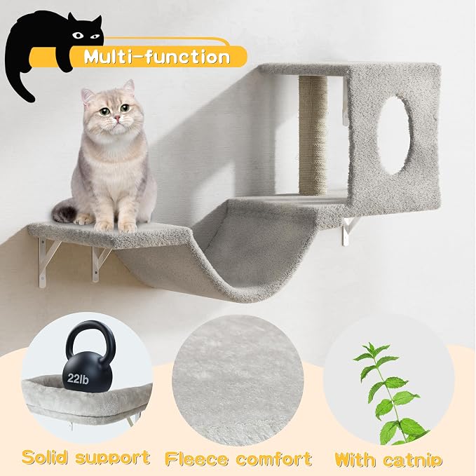 NUNU LAB Wall Mounted Cat Furniture Set - 6 Pcs Climber Set with House, Bridge, Steps, Scratcher Board - DIY Walls Playground, Indoor Cat Shelves - Gray - Image 6
