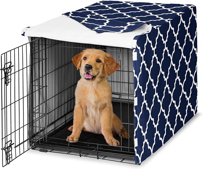 Sweet Jojo Designs 36in. Medium Dog Crate Cover (Navy Blue and White) Pet Cage, Kennel Covers (Neutral, Modern, Geometric for Trellis Collection) by SweetJojoDesigns