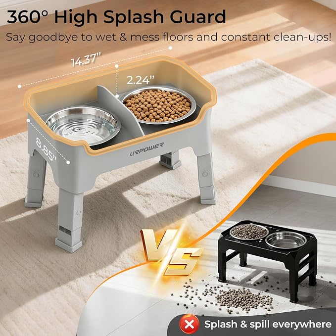 URPOWER Mess Proof Elevated Dog Bowls for Small Dogs with Splash Guard | 4 Height Adjustable Raised Stand with 2 Stainless Steel Food Bowls & Licking Plate for Small, Medium & Large Dogs - Image 4