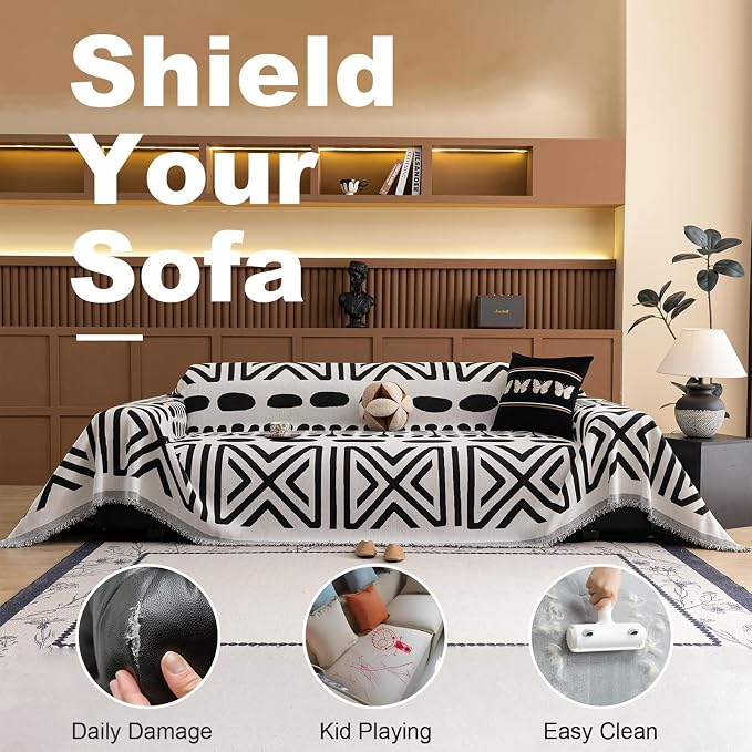 VClife Bohemian Couch Cover Western Aztec Sofa Cover for 3-4 Cushion Couch Sofa Washable Chenille Sofa Slipcover Boho Non Slip White Black Geometric Couch Slip Cover for Sectional Sofa 71''x150'' - Image 3