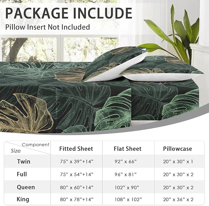 WeCozy Twin Size Bed Sheet Sets with Pillowcases, Green Golden Tropical 3 Pcs Soft Microfiber Bedding for Kids and Adults, Leaves Monstera Palm Flat, Fitted Sheet for Bedroom Bed Decor - Image 6