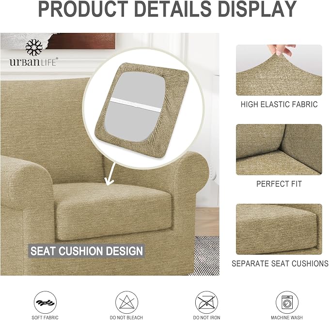 URBANLIFE 2-Piece Stretch Sofa Covers for 1 Cushion Couch, Coffee | Super fitted spandex slipcovers for couches. Non-slip elastic bottom. Machine washable furniture protector for kids & pets. - Image 6
