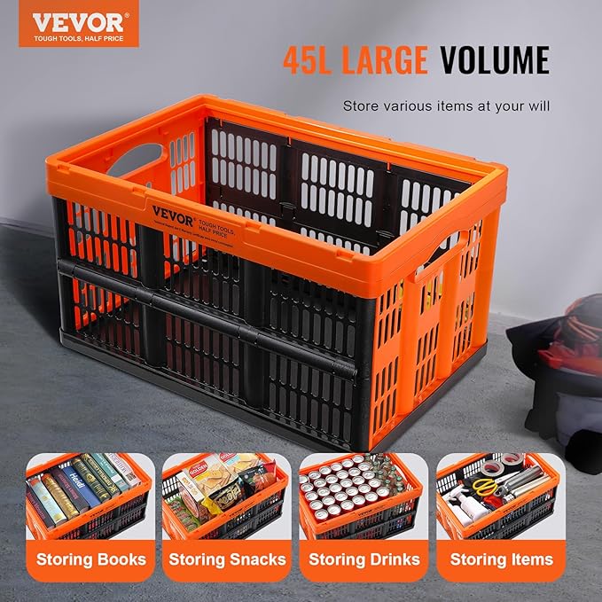 VEVOR 45L Collapsible Milk Crates 3 Packs, Stackable Storage Baskets with Handles, Folding Storage Containers for Organizing Tools, Books, Food, Drinks, Camping & Transport - Image 2