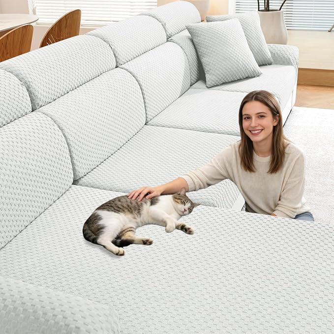YEMYHOM Couch Cushion Covers for Sofa, Stretch Sectional Couch Seat Cushion Covers Washable Thick Furniture Protector Sofa Slipcovers for Pets (3 Seater + 1 Chaise, White) by YEMYHOM