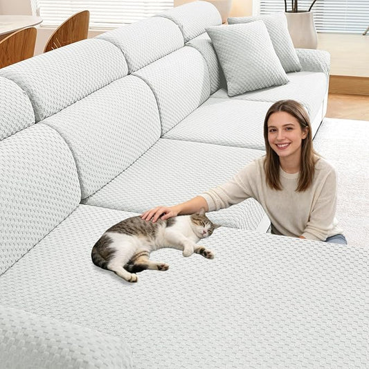 YEMYHOM Couch Cushion Covers for Sofa, Stretch Sectional Couch Seat Cushion Covers Washable Thick Furniture Protector Sofa Slipcovers for Pets (2 Seater + 1 Chaise, White) by YEMYHOM