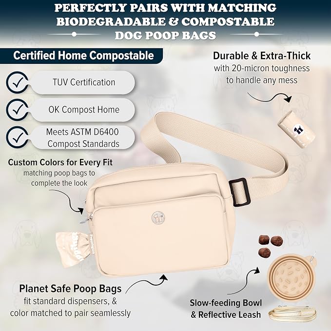 Puppington 3-in-1 Crossbody Dog Walking Bag & Treat Pouch for Pet Training - Matching Compostable Poop Bags, Built-In Poop Bag Dispenser & Slow-Feeding Travel Bowl (Vanilla Cream) - Image 5