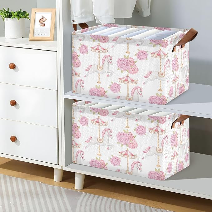 Cute Carousel Horse with Pink Flower Baby Storage Basket with Label&Handles Rectangular Waterproof Nursery Storage Bins Collapsible Shelf Organizer Baskets for Kids Books Cloth Gift Toys Laundry, 2 PC - Image 2