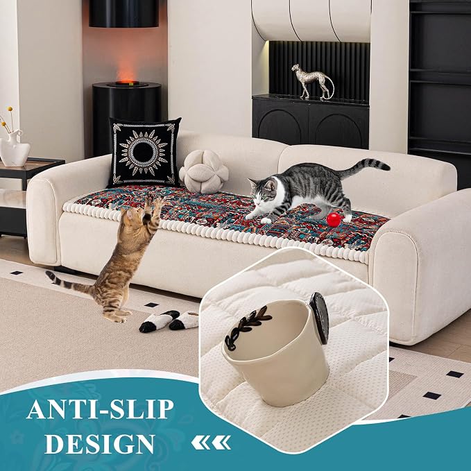 STACYPIK Vintage Abstract Geometric Pets Couch Cover for Living Room, Durable Pet-Scratch Resistant Sofa Cover for 3 Cushion Couch, Soft Plush Fluffy Couch Cushion Cover Washable Aesthetic-27.6X70.9IN - Image 5