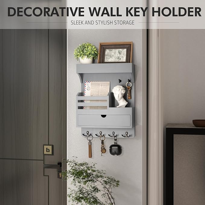 Rebee Vision Key Holder Wall Mount with Drawer &Shelf for Entryway, Gray | Key Holder for Wall, 6 Key Hooks, Floating Shelf, Drawer Organizer, Mail Organizer, Trendy Home Decor, Room Decor Aesthetic - Image 4
