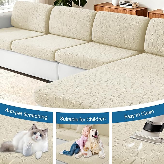 MAXIJIN Waterproof Couch Cushion Covers Individual Love Seat Cushion Cover Stretch Sectional Sofa Slipcovers with Elastic Bottom for Dogs Pets (1 Piece for Loveseat, Beige) - Image 7