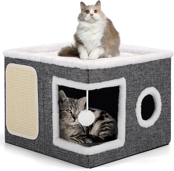Shikha Cat House Bed for Indoor Cats with Fluffy Ball and Scratch Pad Grey | Foldable Large Cat Cave Hideaway with Cozy Condo, Hide and Seek Window, Holds Up to 30LBS, All Season Reversible Cushion by Shikha