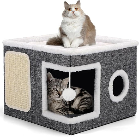 Shikha Cat House Bed for Indoor Cats with Fluffy Ball and Scratch Pad Grey | Foldable Large Cat Cave Hideaway with Cozy Condo, Hide and Seek Window, Holds Up to 30LBS, All Season Reversible Cushion by Shikha