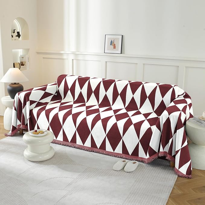 Couch Cover for Sofa, Boho Sofa Cover Washable Couch Cover for Dogs, Pet Sofa Cover for 2-Cushion Couches with Tassel Furniture Protector Cover,71" x 118",Red-Diamond - Image 2