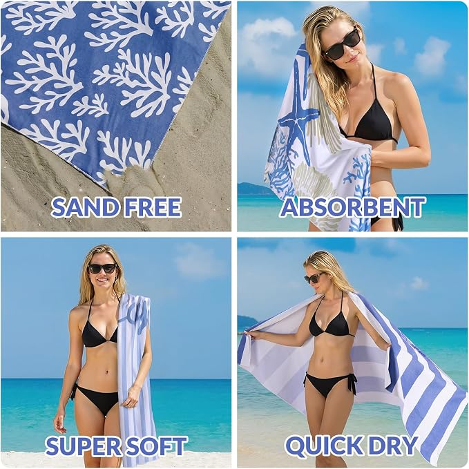 Frienda 12 Pack Coastal Ocean Seashell Beach Towels 71''x 32'' Large Microfiber Quick Dry Absorbent Bath Towels for Swimming Pool Beach Cruise Travel Gym Supplies - Image 7