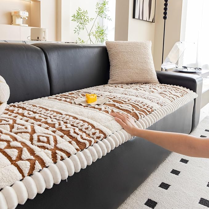 VClife Boho Couch Cover, Soft Fuzzy Couch Covers for Dog, Non-Slip Furniture Protector, Washable Durable Sofa Covers for Couch/Bench, Tribal White Pumpkin Geometric Slipcover, 27.6" x 82.7" - Image 7
