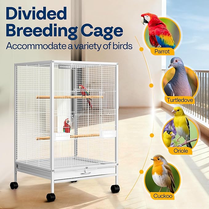 VIVOHOME Wrought Iron Bird Cage with Rolling Stand, 30 Inch Height | Standing Bird Flight Cage with Casters, Slide-out Tray for Parakeets Cockatiels Lovebirds Canaries Finches Conures, Whtie - Image 6