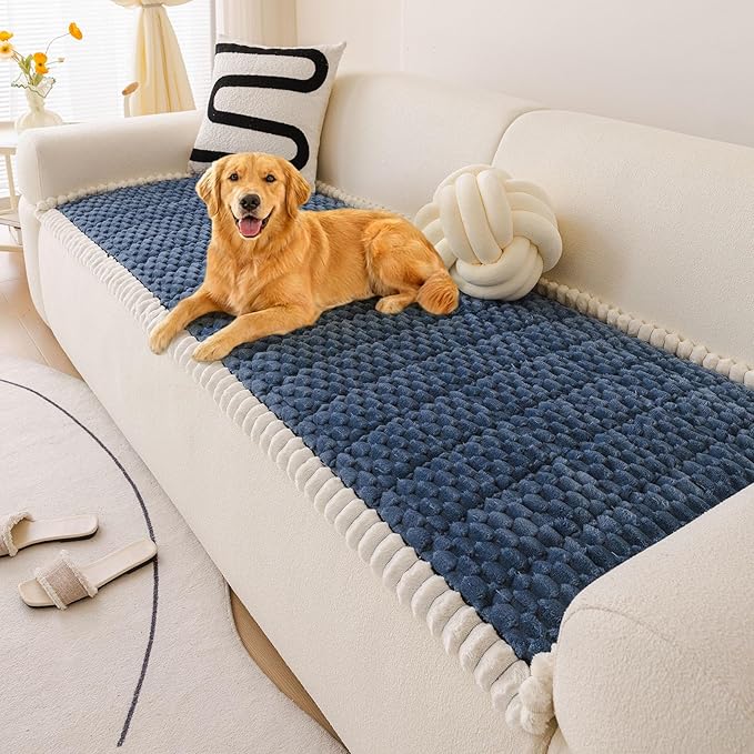 Faux Fur Couch Cover for Dogs Washable, Soft Cozy Non Slip Sectional Sofa Cover, Pet Couch Covers for 3 Cushion Sofa L Shaped, Furniture Protector for Pets Kids(Blue,28"x82") by WelcometoXSlive