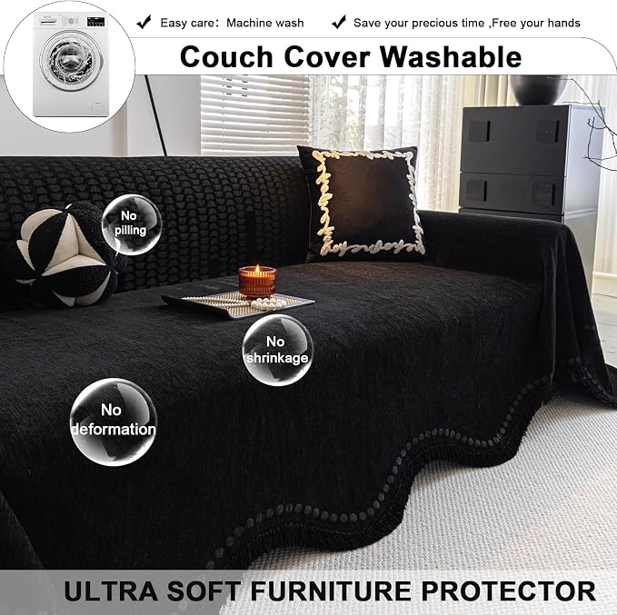 ROOMLIFE Black Sofa Cover, Vintage Boho Couch Cover for 3 Cushion Sofa, Non Slip Soft Chenille Sofa Slipcovers for Dog, Washable Furniture Sofa Protector Cover with Tassel for Living Room, 71''X118” - Image 6