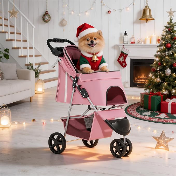 MoNiBloom 3-Wheels Foldable Pet Stroller with Waterproof Cover, Pet Strolling Cart for Small/Medium Dogs and Cats with Storage Basket and Cup Holder, Breathable and Visible Mesh for All-Season, Pink