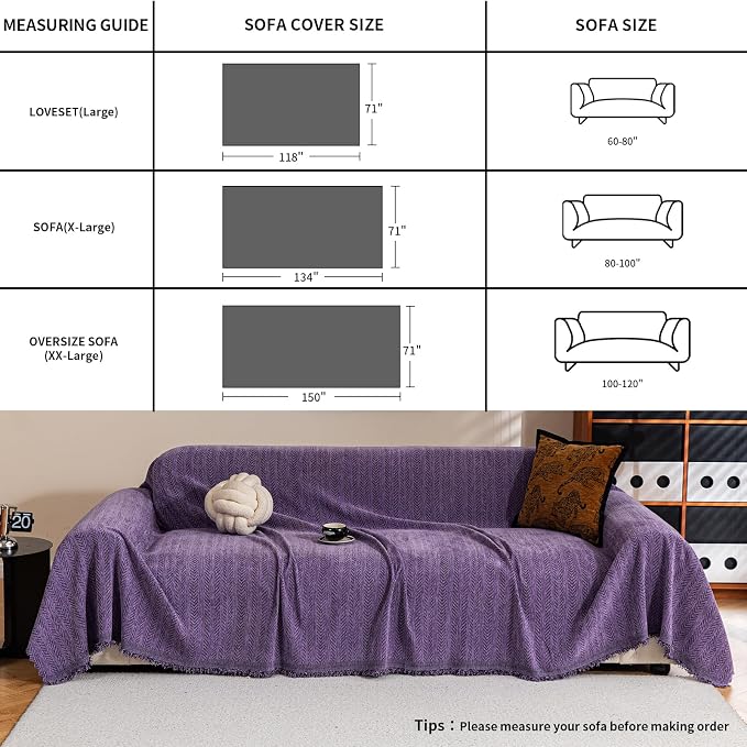 Sofa Covers for 3 Cushion Couch Seat, Loveseat Non Slip Couch Cover Chenille Strip Couch Throw Blankets with Tassels, Sectional Sofa Slipcovers Furniture Protector for Pets, Kids 71"x134", Purple - Image 4