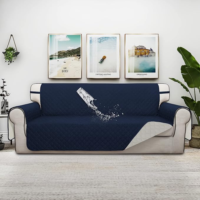 ISSUNTEX Double Protection 100% Waterproof Sofa Covers for Living Room, Reversible Couch Covers for 3 Cushion Couch Sofa, Furniture Protector Sofa Cover for Pets (X Large, Navy/Ivory) - Image 2