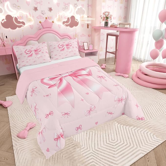 Manfei Pink Bowknot Boys Kids Comforter Set Full Size,Cute Ribbon Bow Tie Duvet Set Room Decor,Preppy Trendy Kawaii Princess Brushed Microfiber Soft Bedding Comforter 3 Pcs - Image 2