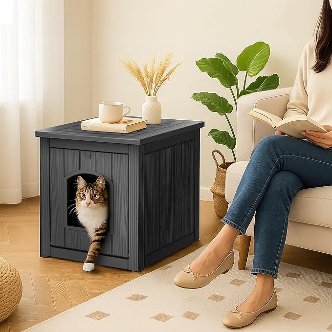 Cat Litter Box Enclosure, Plastic Hidden Litter Box Side Table with Openable Front Door, Cat Box Enclosure Cabinet for Indoor & Outdoor Use, Weatherproof, Easy to Clean & Assemble, Black - Image 7