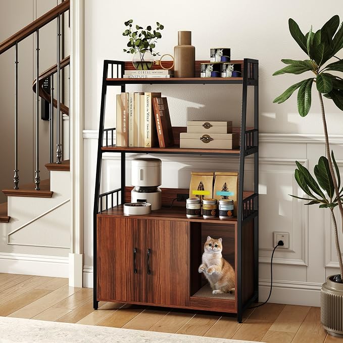 PETSITE Cat Litter Box Enclosure with Storage Shelves, 52 Inches Tall Hidden Litter Box with Charging Station, Scratching Board, and Winding Entry (Walnut) - Image 3