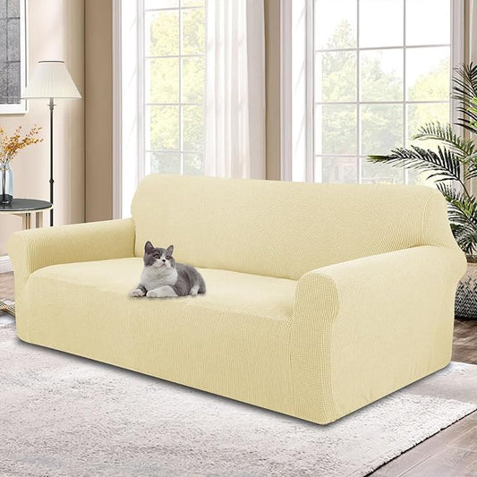 Stretch Oversized Sofa Couch Cover Washable Slipcover, Beige | 1-Piece X-large Sofa Cover For 3 Cushion,Furniture Protector Couch Cover For Dogs, Polyester Spandex Jacquard fabric by LuxshareHome