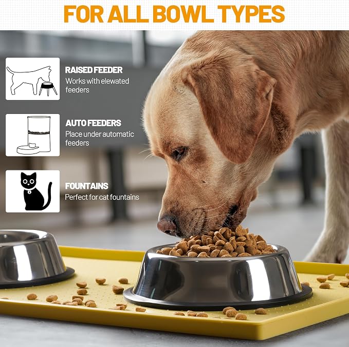 Hubulk Dog Feeding Mat,100% Waterproof Food Grade Silicone Pet Food and Water Bowl Placemat,Dishwasher, High Raised Edge to Prevent Spills,Nonslip Tray to Stop Messes on Floor (19"x12"x0.5", Yellow) - Image 6