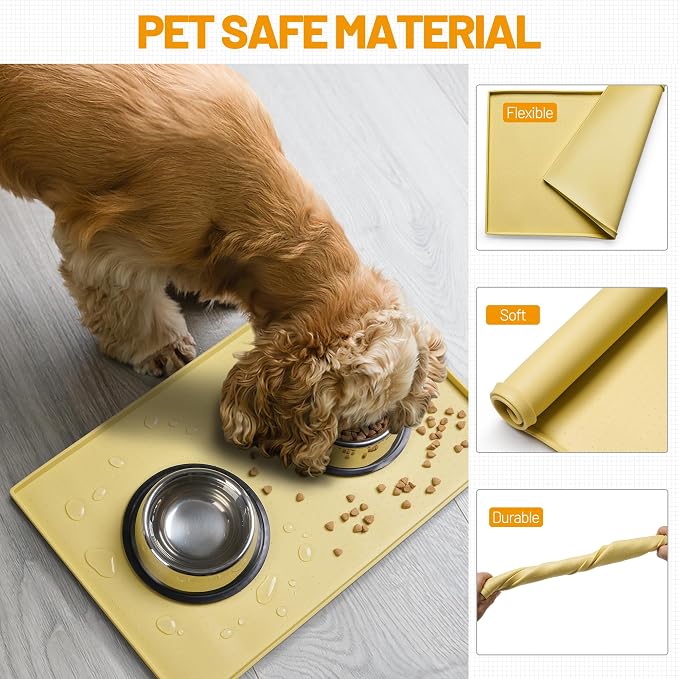 Hubulk Dog Feeding Mat,100% Waterproof Food Grade Silicone Pet Food and Water Bowl Placemat,Dishwasher, High Raised Edge to Prevent Spills,Nonslip Tray to Stop Messes on Floor (32"x24"x1.0", Yellow) - Image 5