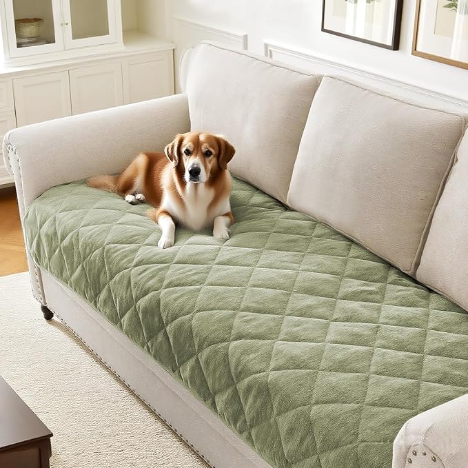 Couch Covers for Dogs Chenille Sofa Covers for 3 Cushion Washable Quilted Checkered Fuzzy Pet Couch Cover Soft Couch Protector Non-Slip Sofa Pads for Puppy Cat Kids(34.5" x 70", Green) by PrinceDeco