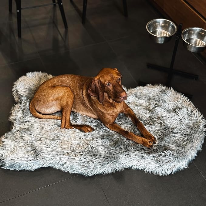 Faux Fur Orthopedic Dog Bed, Memory Foam, Grey 60"x35" | Plush Washable Dog Rug with Waterproof Machine Washable Cover, Calming for Anxious Senior Dogs, Relieves Joints by iHappyDog