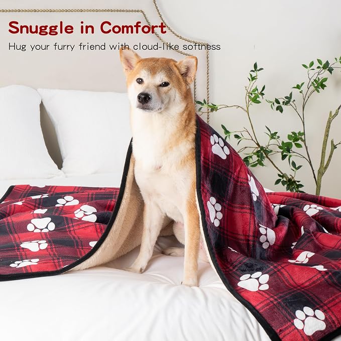 Waterproof Dog Blankets Pet Blanket 60"x80", Soft Fluffy Sofa Car Bed Protector, Reversible Sherpa Fleece Dog Blanket for Large Dogs Christmas Decor(Paw Red) - Image 5