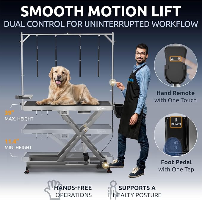 KANIS Professional Electric Dog Grooming Table - Heavy Duty | Height Adjustable Pet Grooming Table w/Leveling Wheels, Dog Grooming Arm, Anti-Slip Tabletop & Tool Organizer (Grey, 49") - Image 4