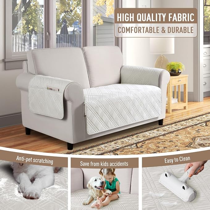TAOCOCO Waterproof Loveseat Covers for Pets Dogs with Non Slip Backing, Sofa Seat Covers with Side Pocket for 2 Cushion Couch Washable Dog Couch Cover Protector Sofa Slipcovers(Loveseat, Off White) - Image 5