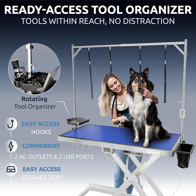 KANIS Professional Electric Dog Grooming Table - Heavy Duty | Height Adjustable Pet Grooming Table w/Leveling Wheels, Dog Grooming Arm, Anti-Slip Tabletop & Tool Organizer (White, 49") - Image 8