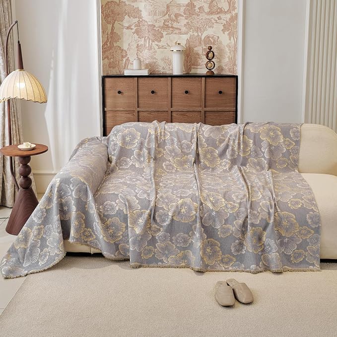 STACYPIK Floral Jacquard Gray Sofa Cover Couch Cover for 3 Cushion Couch Washable, Non Slip Sectional Slipcover for L Shaped, Vintage Botanical Floral Sofa Slipcover Chenille Throw Blanket-71X134IN - Image 5