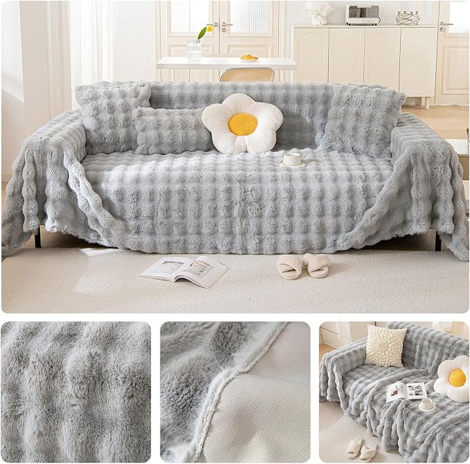 Ultra Soft Faux Rabbit Fur Sofa Covers for 3-4 Cushion Couches, Grey | 1 Piece Non-Slip Couch Covers for Home Decor Warm Cozy Sofa Slipcover Washable for L-Shaped Sofas, 71x150 Inches - Image 3