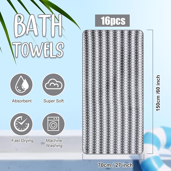 SmoothNovelty 16 Pack Microfiber Bath Towels Bulk 27'' x 60'' Oversized Size Bath Towel Highly Absorbent Extra Large Soft Drying for Beach Shower Summer Salon Sport Gym Party (Grid,Grey) - Image 2