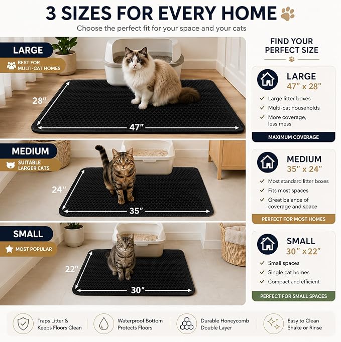 Cat Litter Box Mat Double Layer Trapping Mat Easy-Clean Waterproof Urine Proof(Black 30x22in) - Image 5