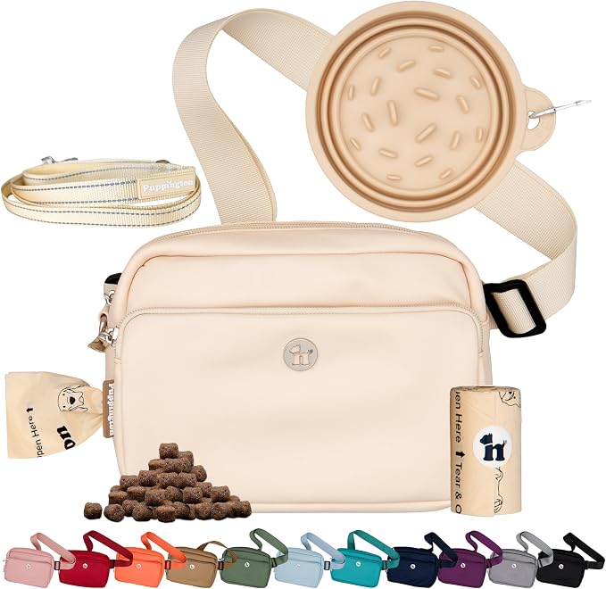 Puppington 3-in-1 Crossbody Dog Treat Pouch for Pet Training - Compostable Poop Bags, Built-In Poop Bag Dispenser, Slow-Feeding Travel Dog Bowl & Reflective Leash - Dog Walking Bag (Vanilla Cream) by Puppington