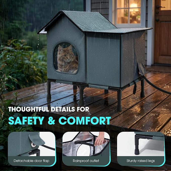 Weatherproof Heated Cat House for Outside with Heating Pad, Elevated Feet Outdoor Cat House, Expanded Canopy Warm Cats Shelter, Heating Pet Beds for Feral or Stray Cats in Winter (Warm Grey, Heated) - Image 5
