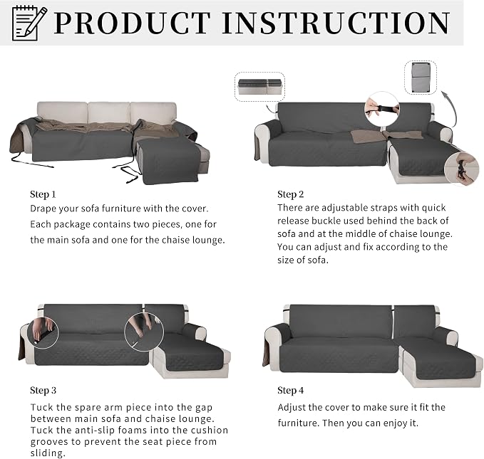 Easy-Going Waterproof Sectional Couch Covers with Chaise 2-Piece Non Slip L Shape Sofa Cover for Dogs Leakproof Furniture Protector Cover with Adjustable Strap for Pets (X-Large, Dark Gray) - Image 5