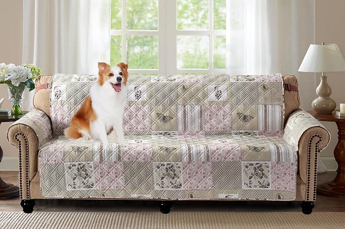 Brilliant Sunshine Grey Cupid & Pink Roses Couch Cover, 70" seat | Non Slip Sofa Cover, Patchwork Design, Quilted Furniture Protector, Large Washable Slipcover for Pets, Dogs & Cats by BrilliantSunshine